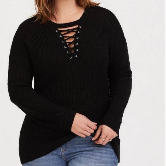 torrid Sweaters - Torrid Black Lace-Up Dolman Knit Pullover 4
